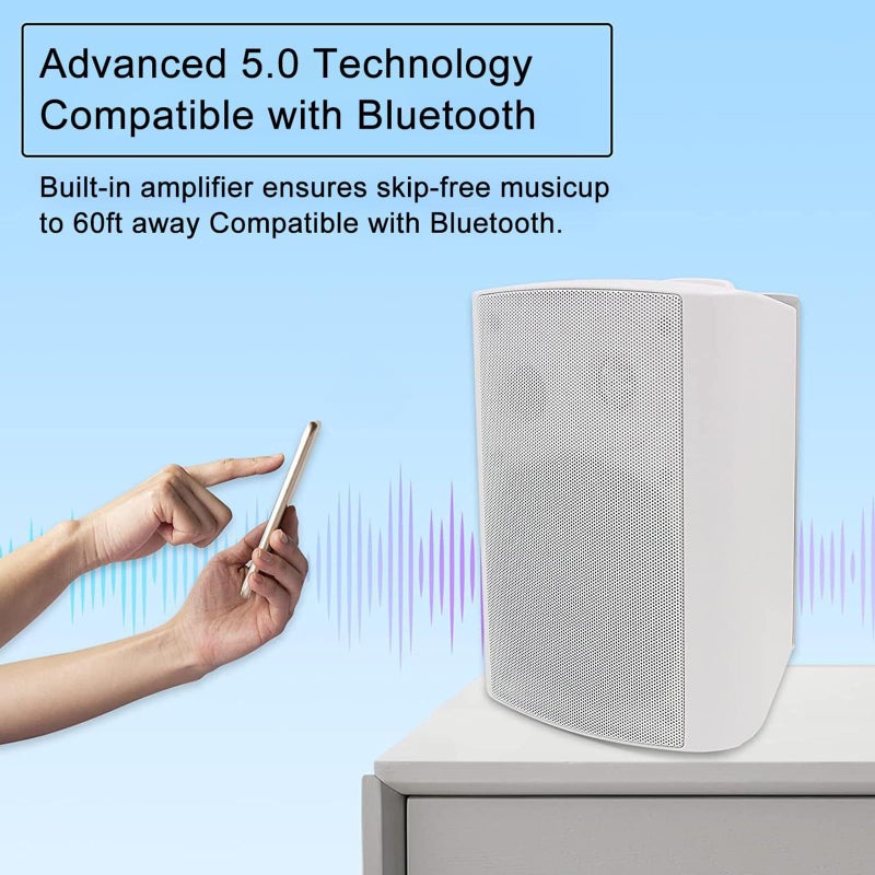 Herdio 5.25 Inch 300 Watts Indoor Outdoor Bluetooth Speakers Waterproof Wall Mount Speakers Wired System All Weather Resistant for Patio Porch Home Theater Backyard(White) - Image 2